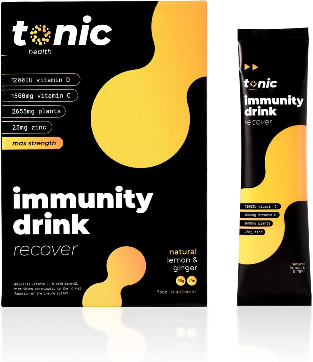 Tonic Health High Dose Immunity Drink, Immune Booster Sachets, High Strength Mix Of Vitamins C, D, Zinc & Plant Extracts, For Health Protection & Energy Boost - Lemon & Ginger (30 Count (Pack Of 1)