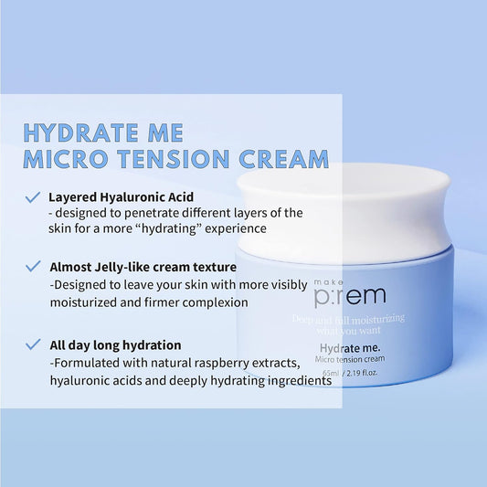 Makeprem Hydrate Me Micro Tension Cream Moisturizing Water Cream Hydrate Smooth No-Sticky - Dry Extra-Dry Sensitive Oily Aging Acne-Prone Skin Hyaluronic Acid Raspberry 2.19 Fl Oz Korean Skincare