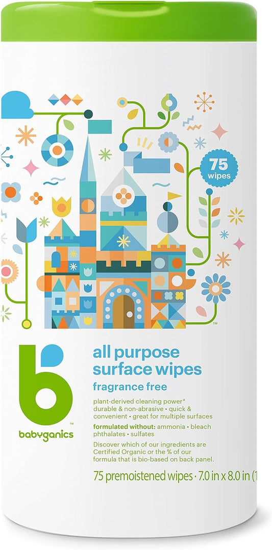 Babyganics All Purpose Surface Wipes, Fragrance Free, 75 Count (Pack Of 2), Plant Based And Non-Abrasive, No Ammonia, No Bleach