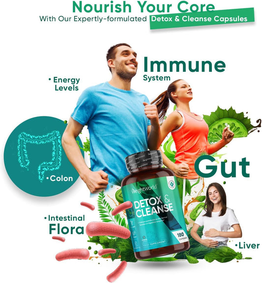 Weightworld Detox & Cleanse - 180 Capsules - 2 Months Supply - High Strength & Vegan Detox & Cleanse Supplements - Prebiotics & Probiotic Complex - Colon Cleanse Tablets Alternative