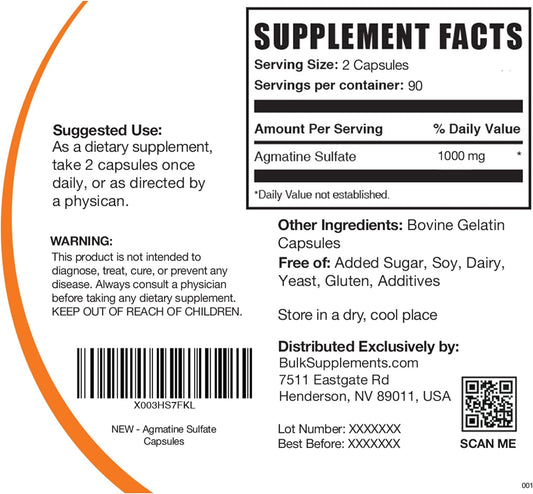 BULKSUPPLEMENTS.COM Agmatine Sulfate Capsules - Supplement for Nitric Oxide Production - Gluten Free - 1000mg per Serving - 90-Day (3-Month) Supply (180 Capsules)
