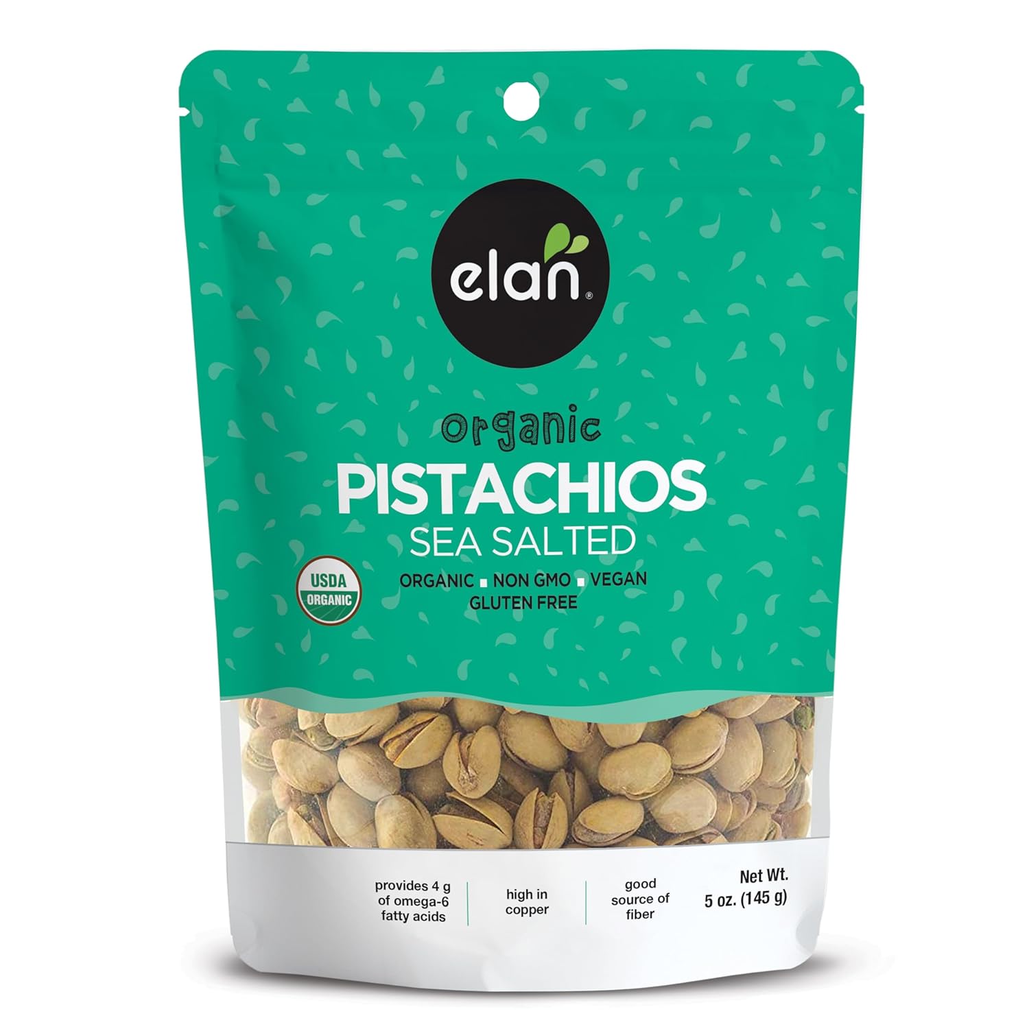 Elan Organic Sea Salted Pistachios, 5.1 oz, In Shell, Salted with Sea Salt, Lightly Roasted, Naturally Open, Non-GMO, Vegan, Gluten-Free, Kosher, Healthy Snacks
