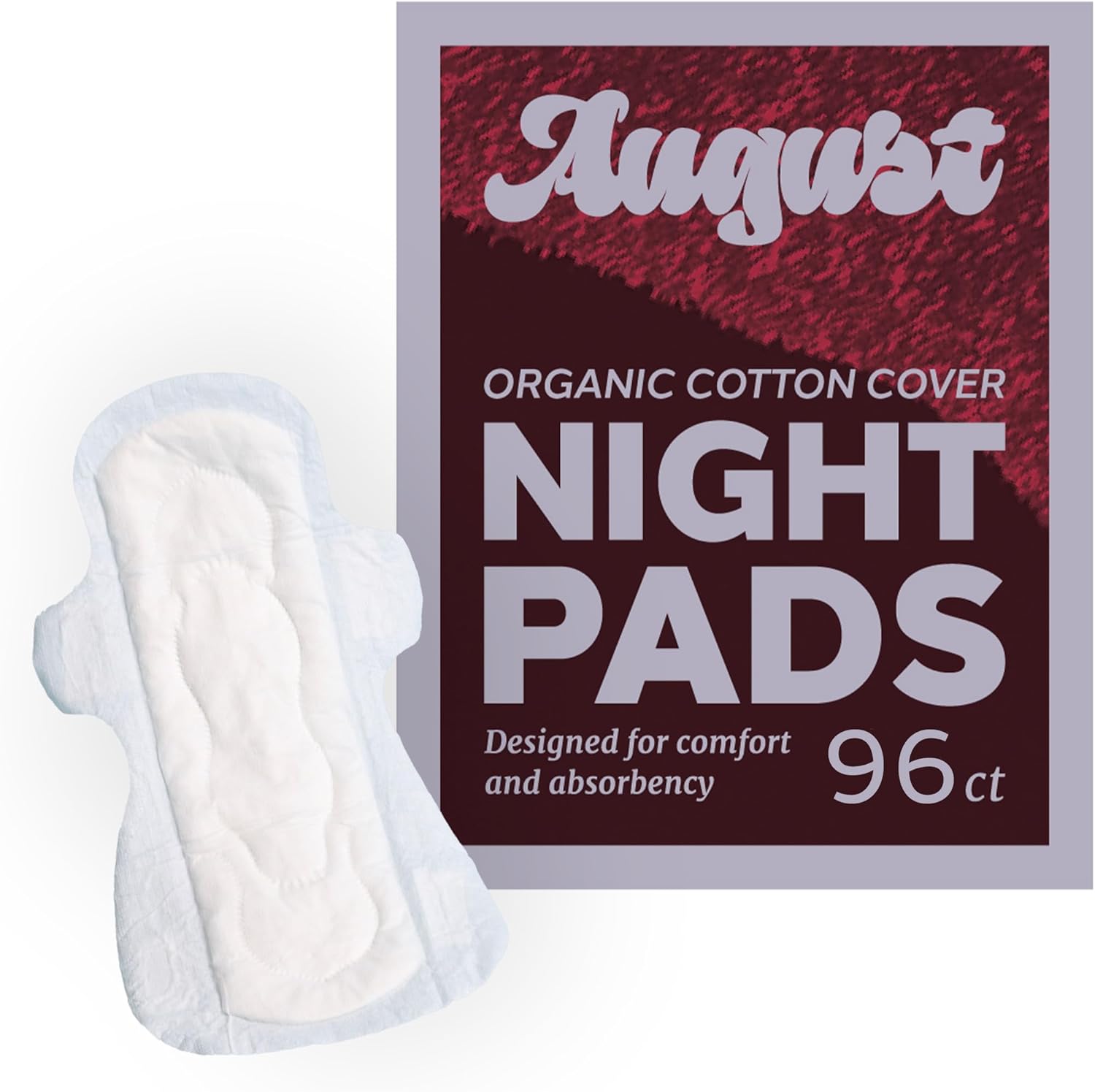 August Menstrual Night Organic Cotton Cover Pads for Women & Anyone Who Menstruates, 96 Overnight Pads, Compostable Wrappers, Fragrance Free, Hypoallergenic Overnight Pads (6 Boxes of 16 Pads)