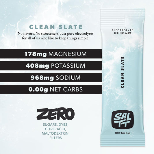 Saltt Electrolytes Powder Unflavored Drink Mix - Clean Slate - 30 Hydration Packets - Magnesium, Potassium, Sodium, Trace Minerals - Zero Sugar & Gluten Free - Travel Essentials - By Keto Chow