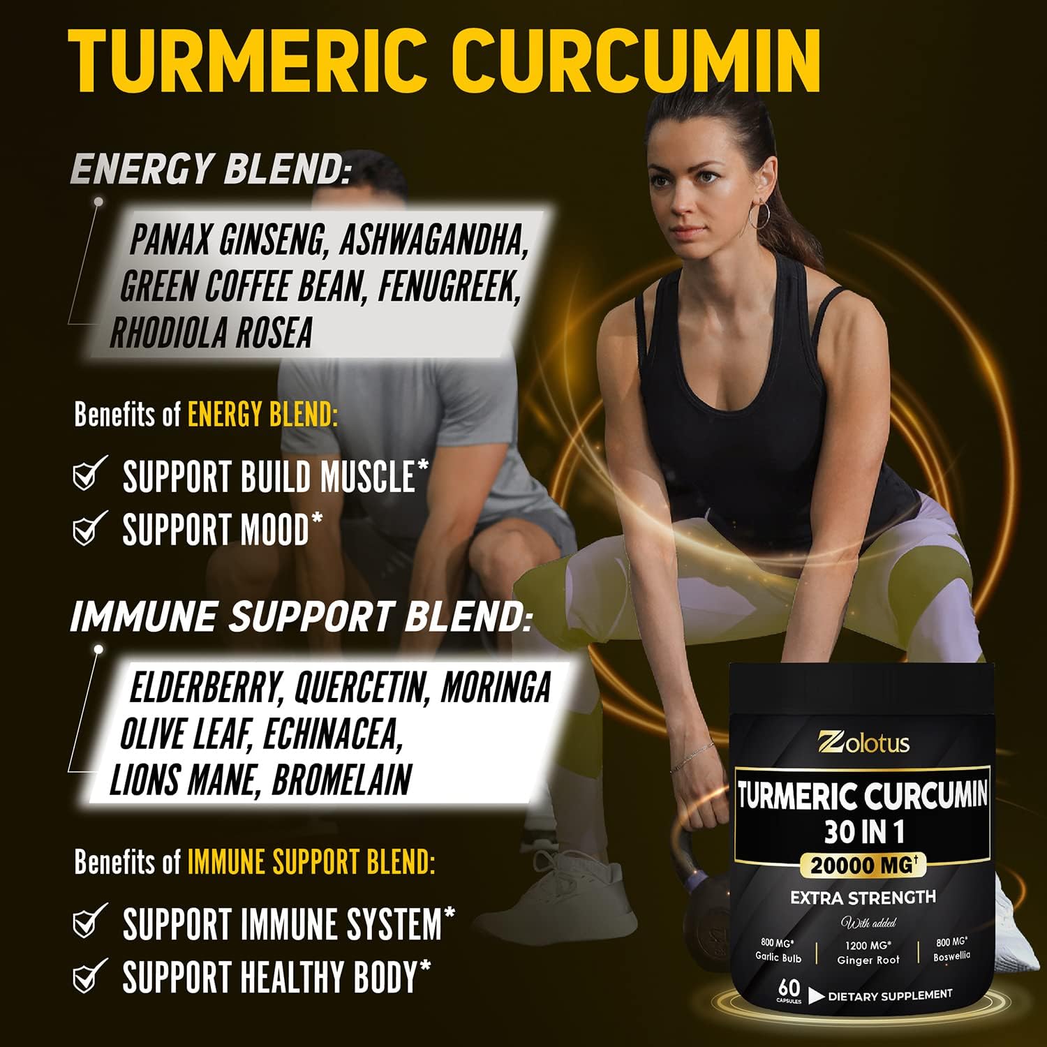 30 in 1 Turmeric Curcumin + Ginger Capsules, 95% Curcuminoids, Equivalent to 20000mg, with Ginger, Ginseng, Garlic Bulb, Bromelain, Moringa, Black Pepper, Joint Inflammatory & Absorption Support : Health & Household