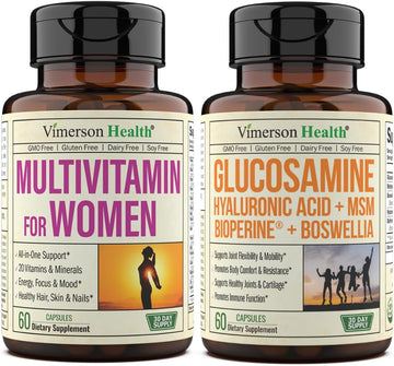 Vimerson Health Women's Multivitamin + Glucosamine Hyaluronic Acid Bundle. Immune System Support, Joint Mobility and Flexibility, Healthy Skin, Heart, and Energy Levels Support
