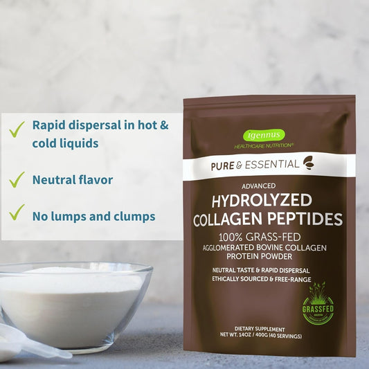 100% Grass Fed Bovine Collagen Protein Powder, Collagen Types 1, 2 & 3, Advanced Hydrolyzed Collagen Peptides, Non-Gmo, Free Range, Gluten & Dairy Free, Easy Mix, 40 Servings, Pure & Essential