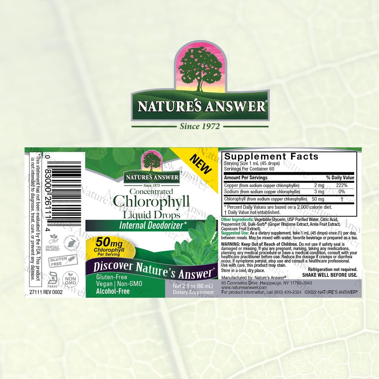 Nature's Answer Alcohol-Free Chlorophyll 50mg 2 Liq | Internal Deodorant | Skin and Hair Support | Supports Immune Function, Detoxification | Gluten Free, Non-GMO | Single Count