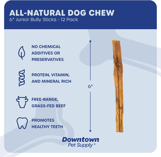 Downtown Pet Supply Bully Sticks for Dogs, Junior Size (6", 12-Pack) Rawhide Free Dog Chews Long Lasting Non-Splintering Pizzle Sticks - Low Odor Bully Sticks for Small Dogs