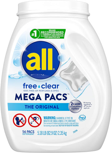 All Mega Pacs Laundry Detergent Pacs, Free Clear For Sensitive Skin, Unscented And Dye Free, 56 Count