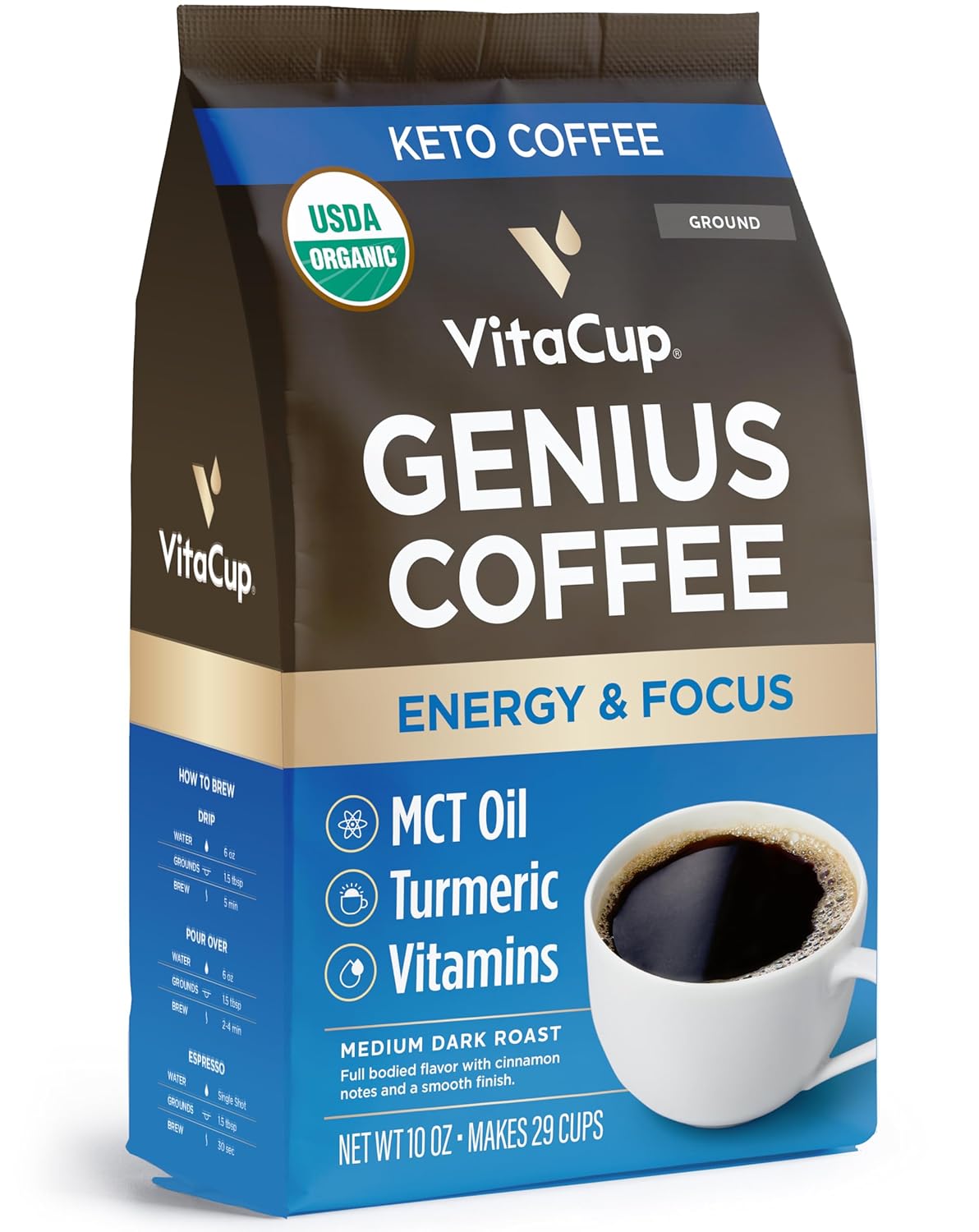 Vitacup Organic Genius Ground Keto Coffee, Increase Energy & Focus W/Mct Oil, Turmeric, B Vitamins, D3, Usda Organic Ground Coffee Medium Dark Roast, Bold & Smooth, 100% Arabica Coffee Grounds, 10 Oz