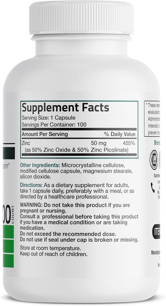 Bronson Zinc 50Mg Complex (Zinc Oxide 50% & Zinc Picolinate 50%) High Potency Immune Support Supplement & Antioxidant And Skin Health - Non Gmo, 100 Vegetarian Capsules