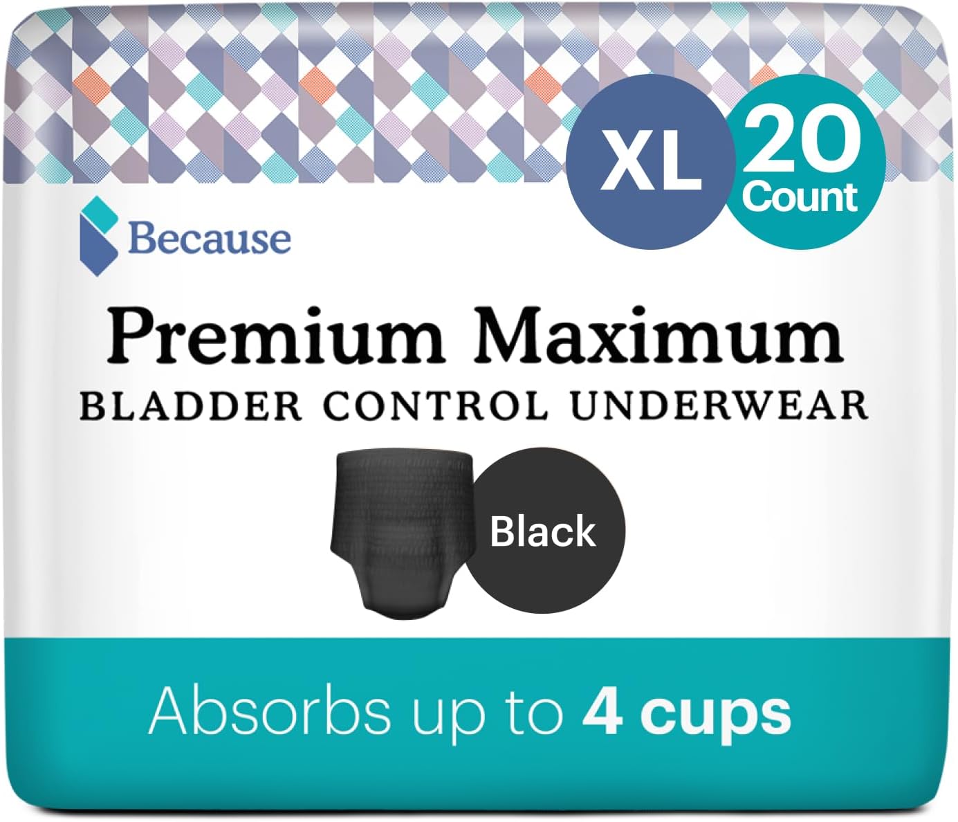 Because Premium Maximum Absorbency Adult Incontinence And Postpartum Bladder Leak Underwear For Women, Heavy Absorbency, Disposable, Black, Xlarge, 20 Count