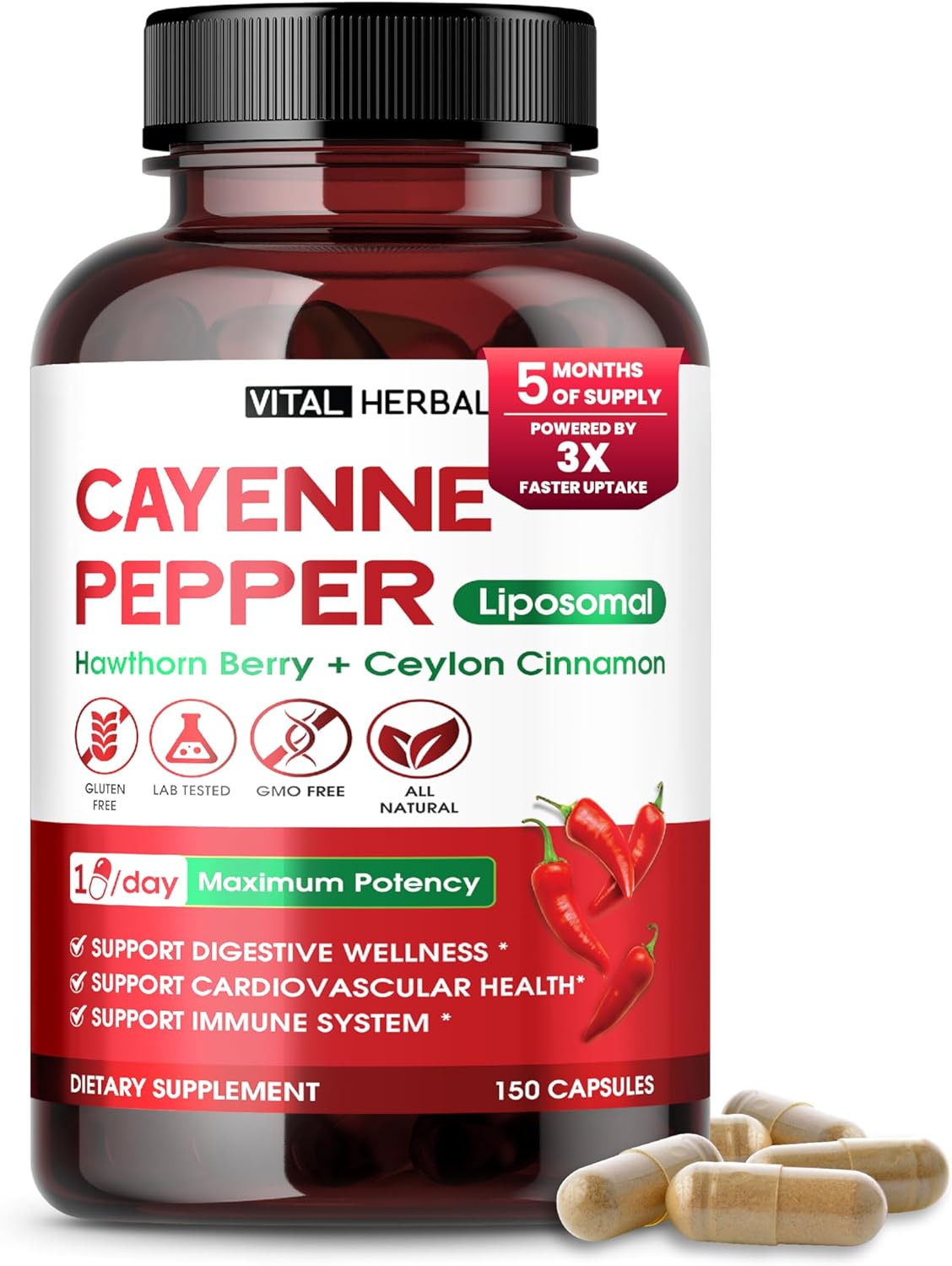 Vital Herbal Liposomal Cayenne Pepper With Hawthorn Berry & Ceylon Cinnamon – Supports Digestion & Immune Health – 150 Capsules – Made In The Usa