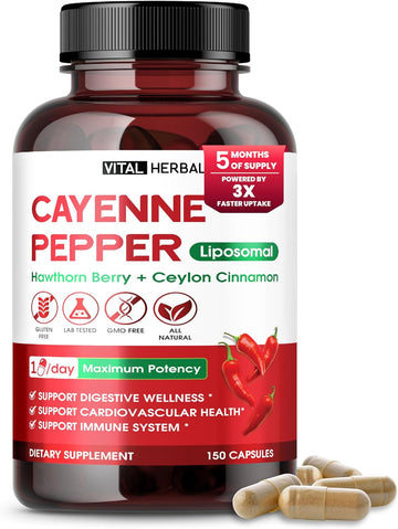 Vital Herbal Liposomal Cayenne Pepper With Hawthorn Berry & Ceylon Cinnamon – Supports Digestion & Immune Health – 150 Capsules – Made In The Usa
