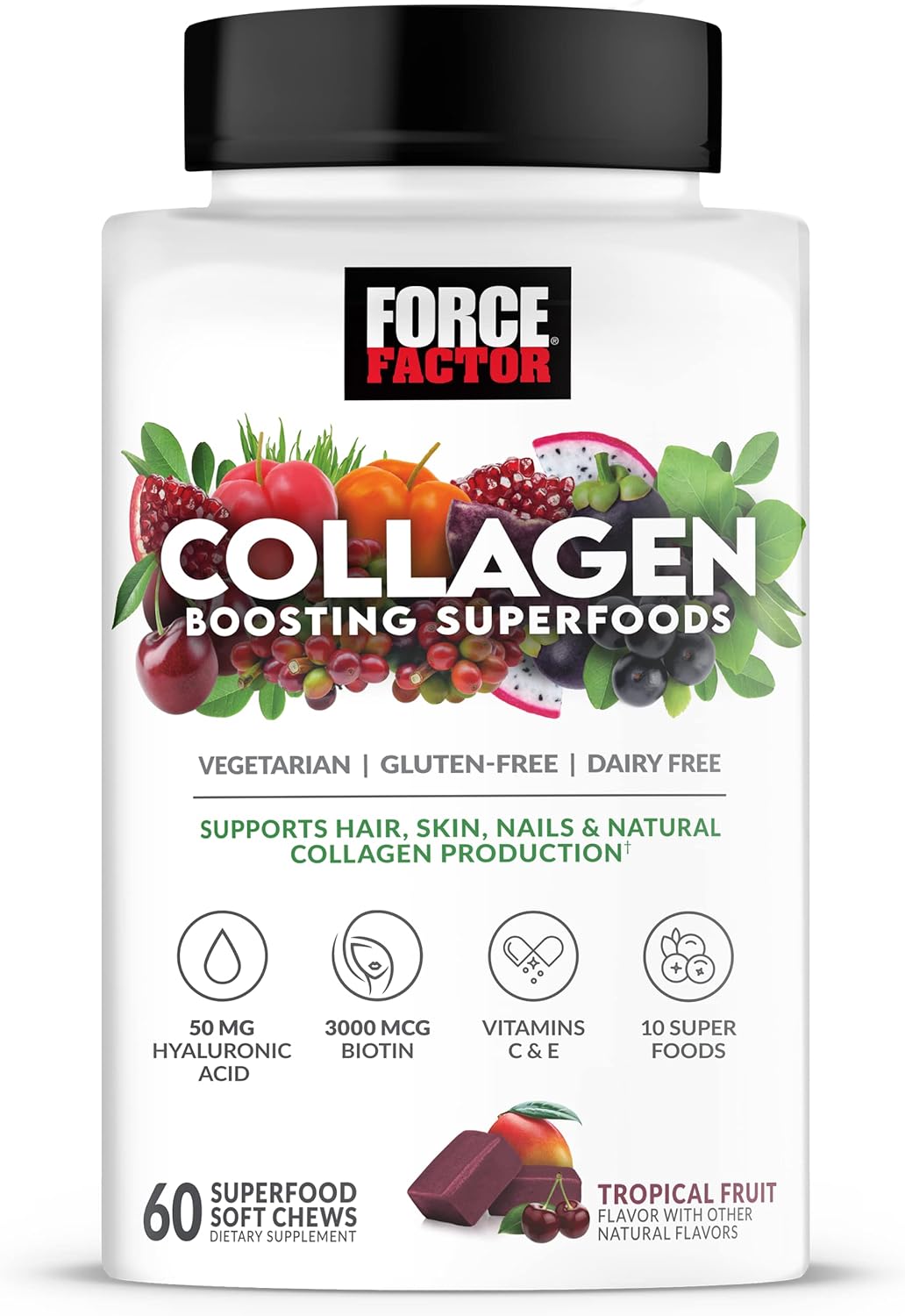 Force Factor Collagen Boosting Superfoods with Biotin, Hyaluronic Acid, Bamboo, and Hair, Skin, and Nails Vitamins, Nail Strengthener and Skin Supplement, Tropical Fruit Flavor, 60 Soft Chews