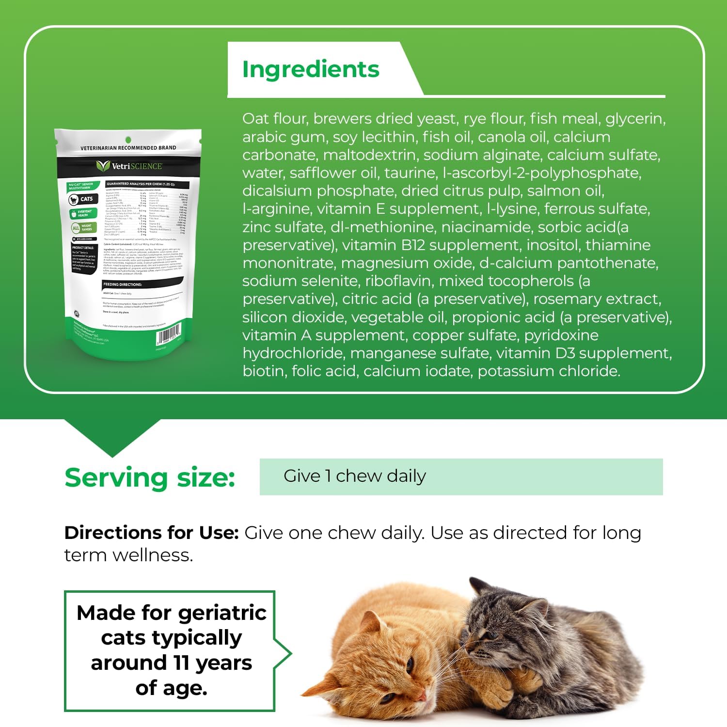 VetriScience Nu Cat Senior Multivitamin with Lysine for Cats - 30 Chews - Cat Supplements & Vitamins Designed to Support Heart, Eye and Brain Function, Immunity and Liver Health in Senior Cats? : Pet Supplies