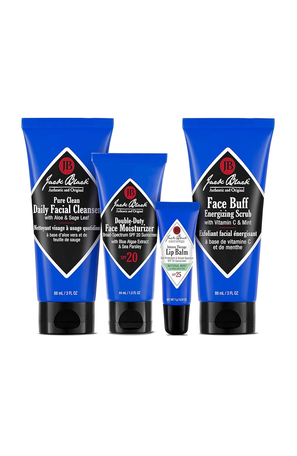 Jack Black Skin Saviors Set – Pure Clean Daily Facial Cleanser, Double-Duty Face Moisturizer SPF 20, Intense Therapy Lip Balm SPF 25 Natural Mint & Shea Butter, & Face Buff Energizing Scrub : Beauty & Personal Care