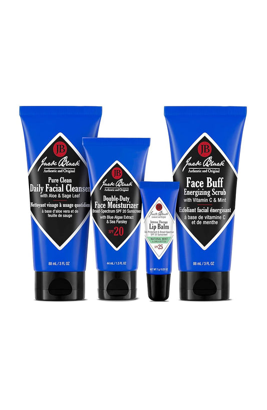 Jack Black Skin Saviors Set – Pure Clean Daily Facial Cleanser, Double-Duty Face Moisturizer SPF 20, Intense Therapy Lip Balm SPF 25 Natural Mint & Shea Butter, & Face Buff Energizing Scrub : Beauty & Personal Care