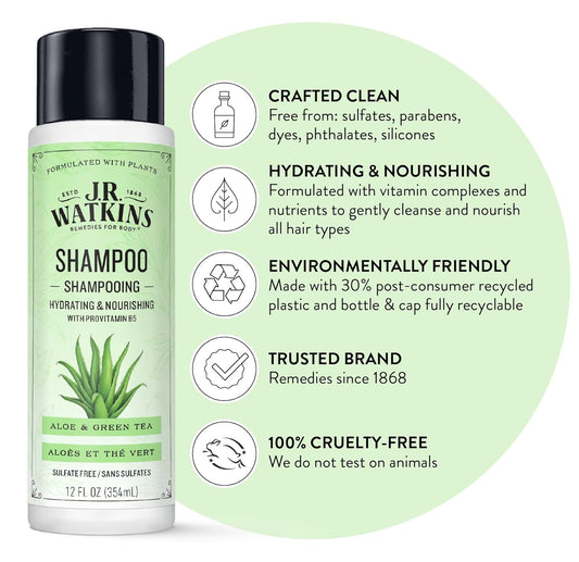 J.R. Watkins Daily Hydration Shampoo, Aloe & Green Tea - 12 Fl Oz (Pack Of 2)