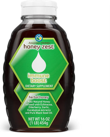 Amazing Herbs Raw Natural Honey - Herbal Honey Infused with Echinacea, Elderberry, Garlic, Eucalyptus Extracts & Pure Black Seed Oil, Non GMO, Gluten Free - Honeyzest Immune Boost, 16 Fl Oz