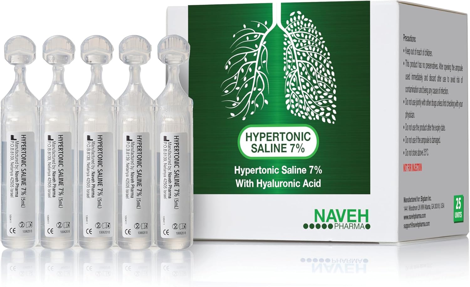 Naveh Pharma | Hypertonic Saline Solution 7% + Hyaluronic Acid | Nebulizer Diluent For Inhalators And Nasal Irrigation | Helps Clear Congestion From Airways & Lungs (25 Bullets Of 5Ml)