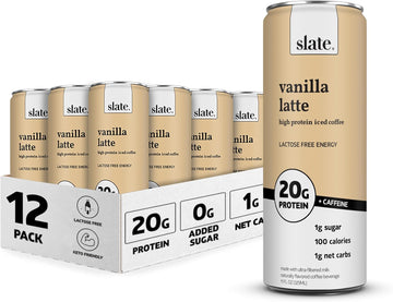 Slate Milk - High Protein Iced Coffee - Vanilla Latte - 175Mg Caffeine, Lactose Free Energy - 20G Protein, 1G Sugar, 100 Calories, 1G Net Carbs, No Sugar Added - Protein Coffee - 11 Fl Oz, 12 Cans