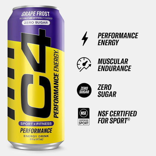 C4 Energy Carbonated Zero Sugar Energy Drink, Pre Workout Drink + Beta Alanine, Purple Frost, 16 Fl Oz (Pack Of 12)