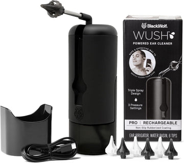 Wush Pro By Black Wolf - The Original Deluxe Water Powered Ear Cleaner With 6 Reusable Replacement Tips By Black Wolf - Safe & Effective For Ear Wax Buildup - Electric Ear Wax Removal Kit (Black)