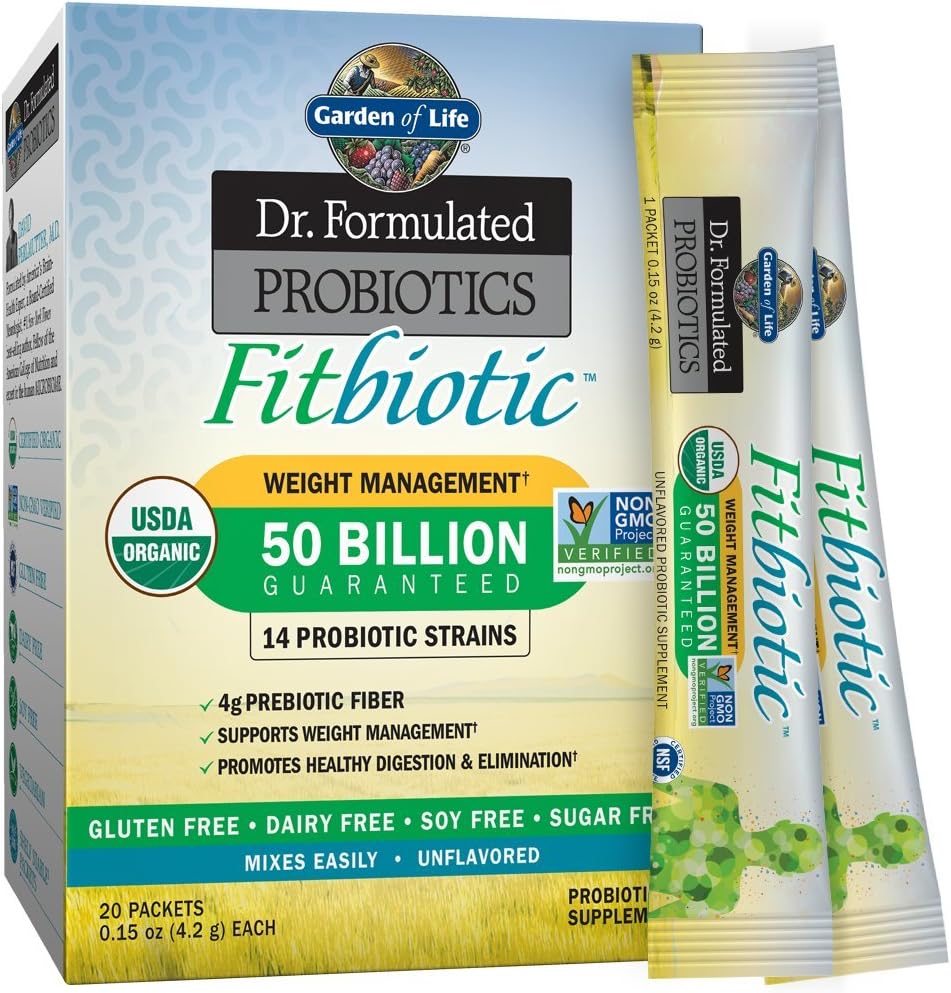 Garden Of Life Dr. Formulated Probiotics Fitbiotic Weight Management Powder 50 Billion Cfu & Fiber, Organic & Non-Gmo Digestive Gut Health Supplement, , Pack Of 20
