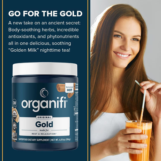 Organifi: Gold - Superfood Supplement Powder- 90 Servings (3 Pack) - Stress Support, Better Rest, Relaxation And Promotes Restful Sleep - Turmeric And Reishi Infused