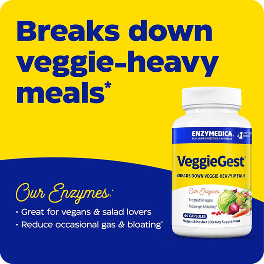 Enzymedica Veggiegest, Digestive Enzymes For Vegan, Vegetarian And Raw Diets, Prevents Gas And Bloating, 90 Capsules (Ffp)