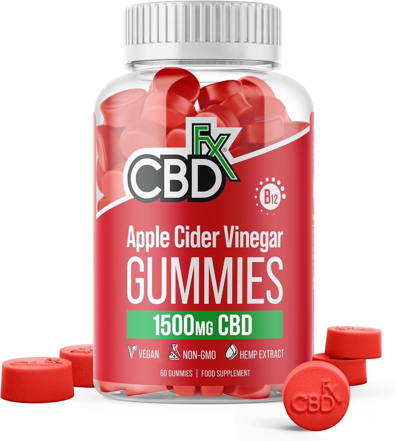 CBDfx 1500mg CBD High Strength Apple Cider Vinegar Vegan Gummies, 1000mg ACV / 25mg CBD per Gummy + Vitamin B12, 60x Bottle (30 Days)