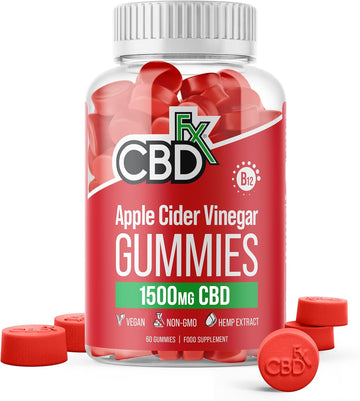 CBDfx 1500mg CBD High Strength Apple Cider Vinegar Vegan Gummies, 1000mg ACV / 25mg CBD per Gummy + Vitamin B12, 60x Bottle (30 Days)
