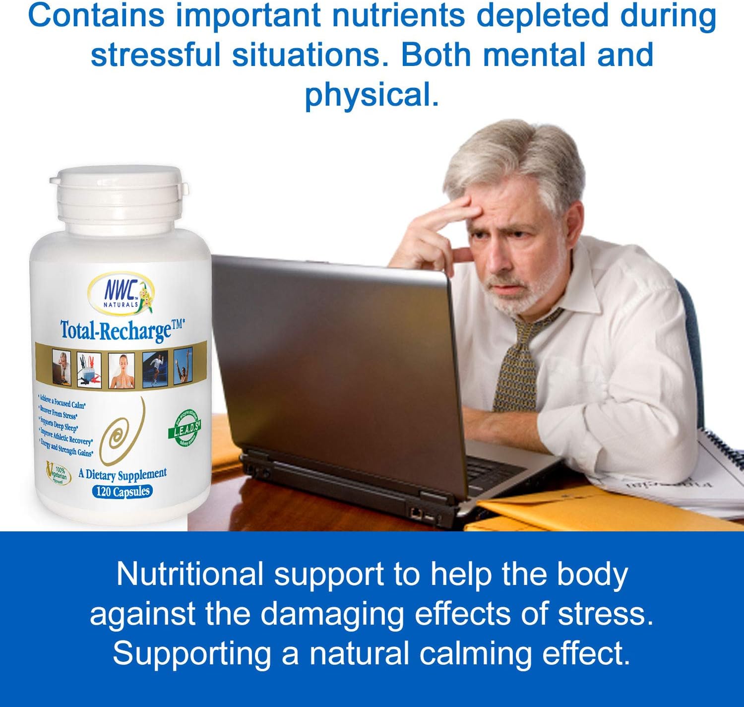Nwc Naturals Total-Recharge Stress Relief, Energy Increase, Supports Mental Clarity, Workout Recovery And Natural Calming Effect, Vegetarian Formula - 120 Count Capsules