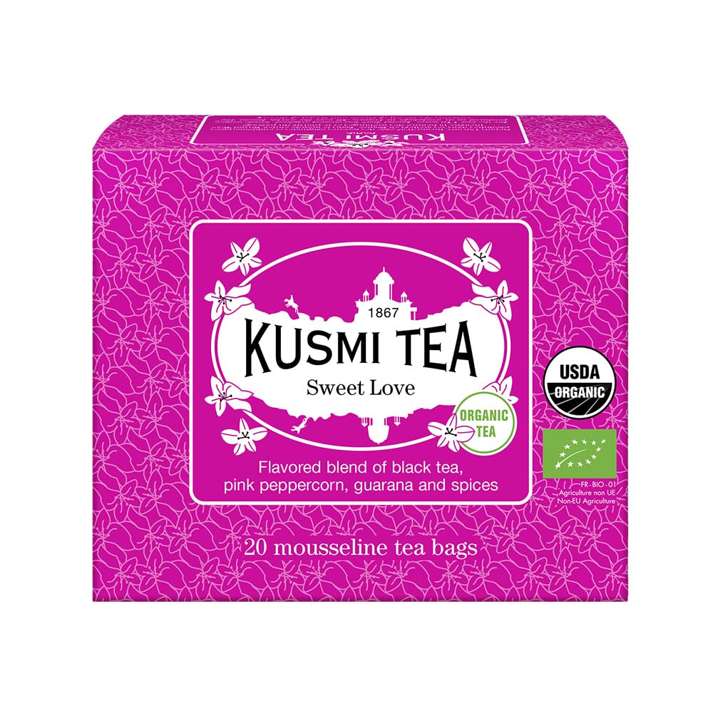 Kusmi Tea - Sweet Love - Organic Black Tea - Blend Of Black Tea, Pink Pepper, Guarana And Spices - Smooth, Flavourful, Caffeinated Tea - Box Of 20 Tea Bags