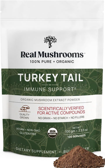 Real Mushrooms Turkey Tail Powder - Organic Mushroom Supplement With Potent Turkey Tail Mushroom Extract For Gut, Energy, Brain, & Immune Support - Vegan Mushroom Powder, Non-Gmo, 100 Servings