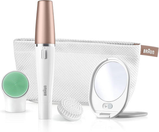 Braun Facespa Face Epilator, Hair Removal With Facial Cleansing Brush Head, Lighted Mirror And Beauty Pouch, 851V, White