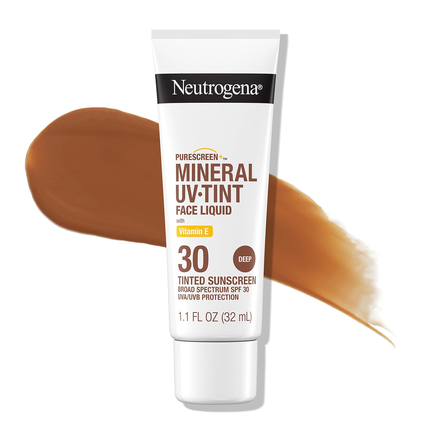 Neutrogena Purescreen+ Tinted Sunscreen for Face with SPF 30, Broad Spectrum Mineral Sunscreen with Zinc Oxide and Vitamin E, Water Resistant, Fragrance Free, Deep, 1.1 fl oz