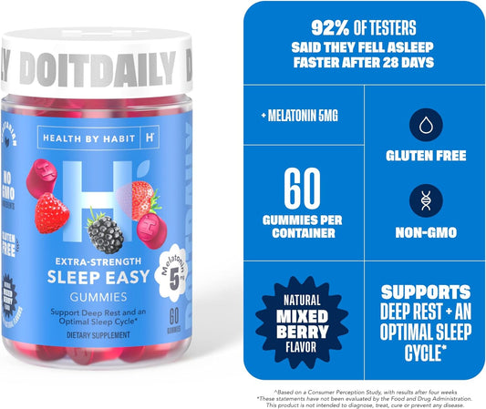 Health By Habit Sleep Supplement (60 Gummies) - 5mg Melatonin, Support Deep Restful Sleep, Relaxation, and Calmness, Mixed Berry Flavor, Vegetarian, Gluten Free, Non-GMO
