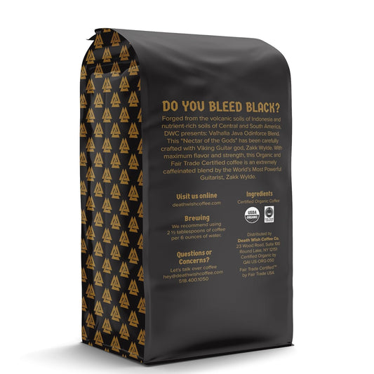 Death Wish Coffee Co. Valhalla Java Dark Roast Grounds - Extra Kick of Caffeine - 5 Lb. - Bold & Intense Blend of Arabica Robusta Beans - USDA Organic Ground Coffee - Strong Coffee for Morning Boost