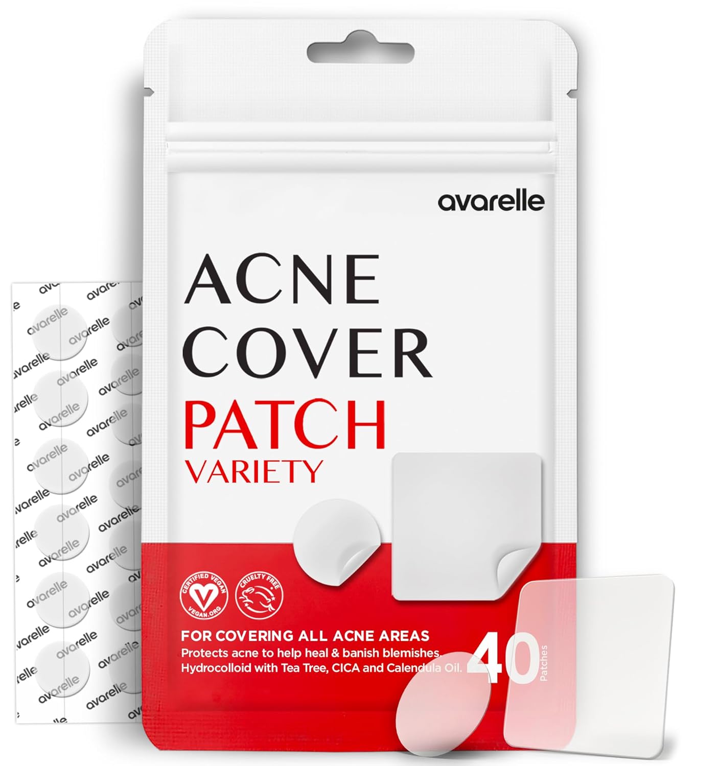 Avarelle Acne Pimple Patch (40 Count) Absorbing Hydrocolloid Spot Treatment With Tea Tree Oil, Calendula Oil And Cica, Certified Vegan, Cruelty Free (Variety / 40 Count)