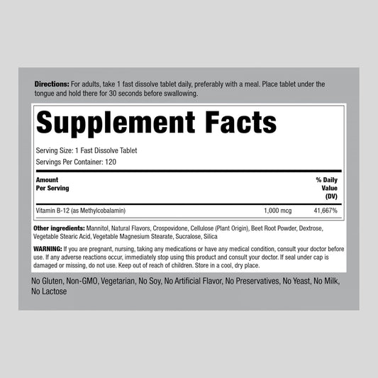 Piping Rock Vitamin B12 Sublingual 1000 mcg | 120 Tablets | Methylcobalamin | Berry Flavor | Non-GMO, Gluten Free Supplement