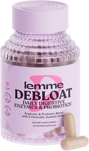 Lemme Debloat 3-in-1 Prebiotic, Probiotic & Digestive Enzymes for Bloating and Gas Relief - 2 Clinically Studied Probiotics w/ 5 Digestive Enzymes to Improve Digestion for Women & Men, Vegan, 60 ct