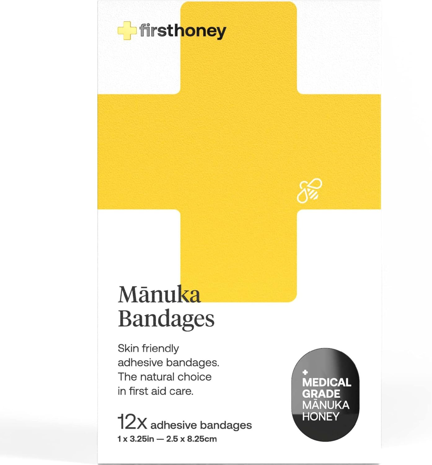 First Honey Manuka Honey Adhesive Bandages 12 Pack | Latex Free, Antibiotic Free Wound Dressing | Medical Grade Honey Adhesive Pads | First Aid Care Burns, Cuts, Scrapes, Wounds, Lacerations