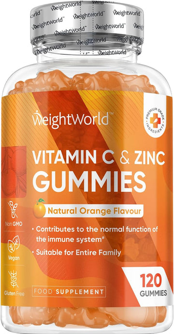 Vitamin C And Zinc Gummies - 120 Tasty Gummies - Natural Orange Flavour - 2 Per Day - Gluten-Free, Non-Gmo & Vegan-Friendly - Easy To Chew - Bioavailable Forms (L-Ascorbic Acid & Zinc Citrate)