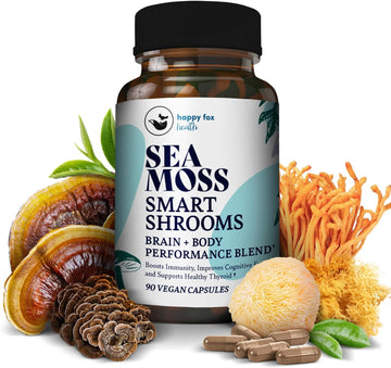 Happy Fox Irish Sea Moss Capsules & Mushroom Complex - Organic Seamoss With Adaptogens For Brain Health, 1500Mg, 90 Vegan Capsules, Organic Mushroom Supplement