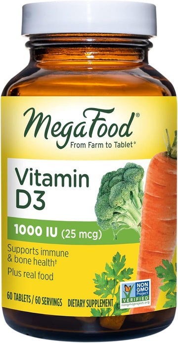 MegaFood Vitamin D3 1000 IU (25 mcg) - Immune Support Supplement - Bone Health - With easily-absorbed Vitamin D3 ? Plus real food - Non-GMO, Vegetarian - Made Without 9 Food Allergens - 60 Tabs