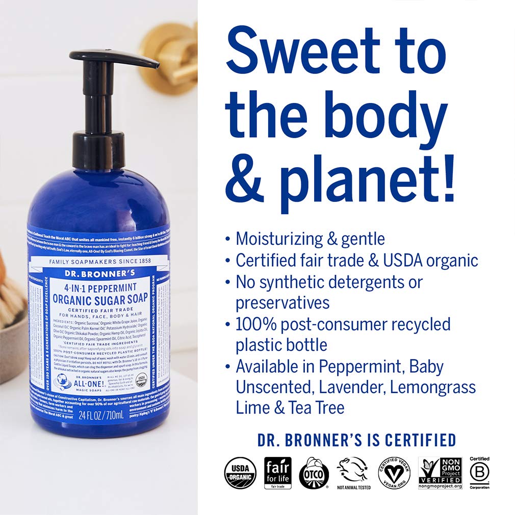 Dr. Bronner's - Organic Sugar Soap (Peppermint, 24 Ounce) - Made with Organic Oils, Sugar & Shikakai Powder, 4-in-1 Uses: Hands, Body, Face & Hair, Cleanses, Moisturizes & Nourishes, Vegan : Beauty & Personal Care