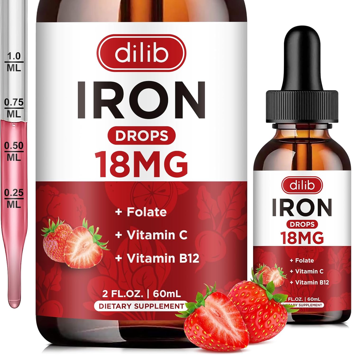 Liquid Iron Supplement For Women & Men Iron Drops Iron Supplements For Anemia With Folate, Vitamin C, B12 For Red Blood Cell Support-Strawberry, 2 Fl Oz